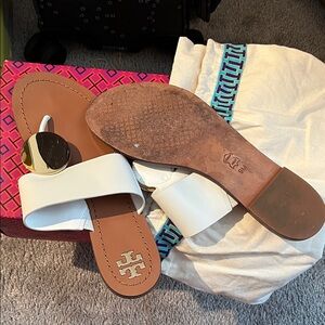 Tory Burch White and Tan Slide Sandals